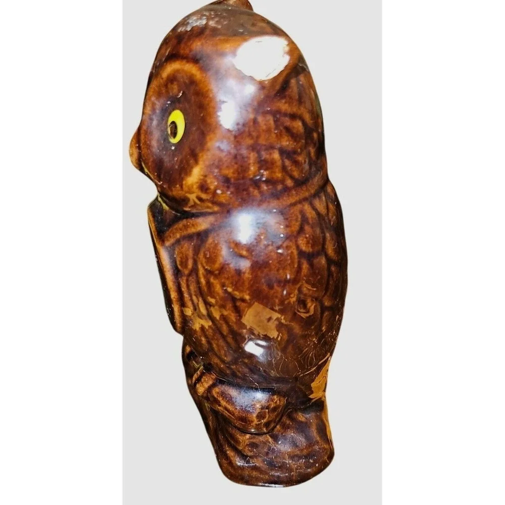Vintage Bank Ceramic Owl Coin Brown With Thermometer 
